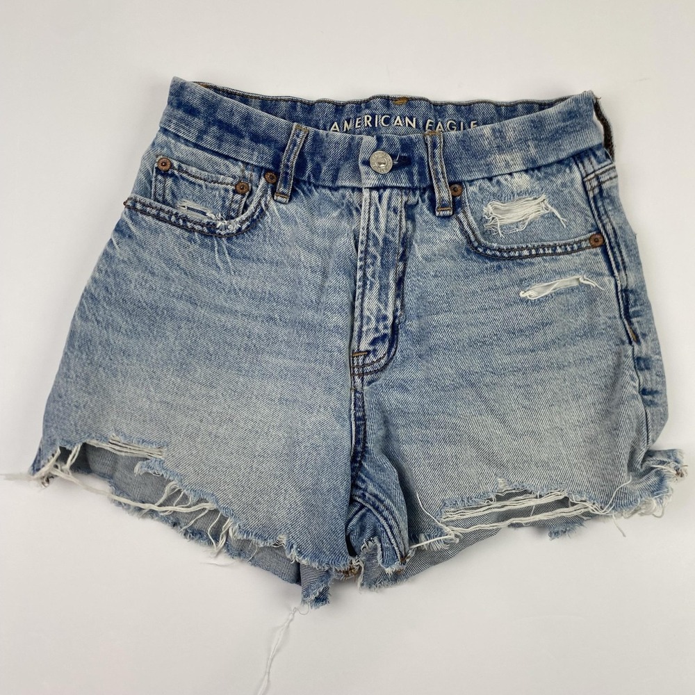American Eagle Curvy Relaxed Shorts Womens 25 Blue Distressed Cutoff STRIGID